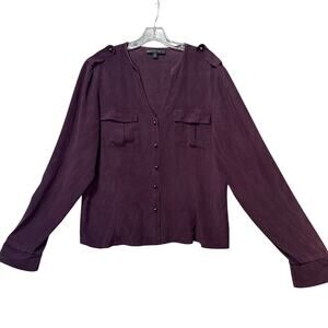 Lafayette 148 Long Sleeve Button-Down Split Neck 100% Silk Blouse Purple Women M